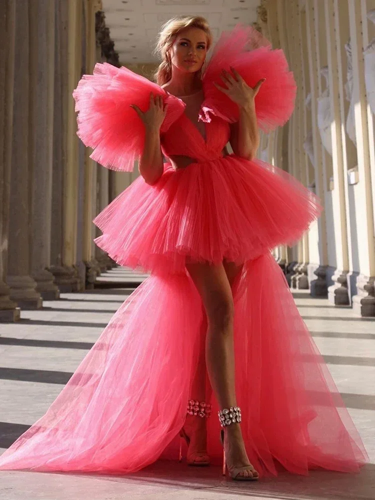 

Hot Pink Wedding Dress for Women Sexy Sweet Cascading Ruffles Design Mesh Maxi Long Gown for Bride