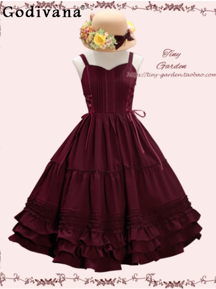 

French Elegant Retro Long Velvet Dress Autumn New Women's High Waist Slimming Tea Party Dress Jsk Japanese Lolita Princess Dress