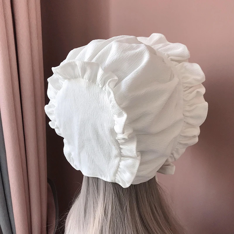 Maid Bonnet Hat Lolita Girl Cosplay Costume Accessories Retro Adjustable Ruffles Solid Hats Women Victorian Style Village Cap