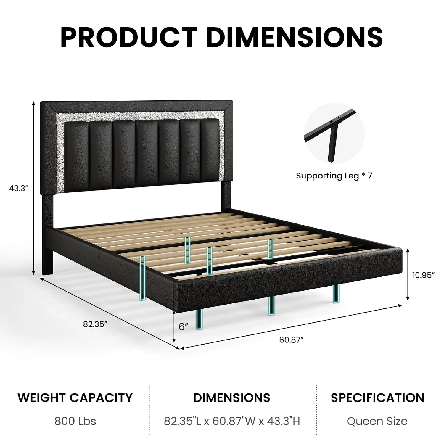 Floating Bed Frame Queen Size with Smart LED Lights, Faux Leather Black Queen Bed Frame with Diamond Headboard, No, Customized