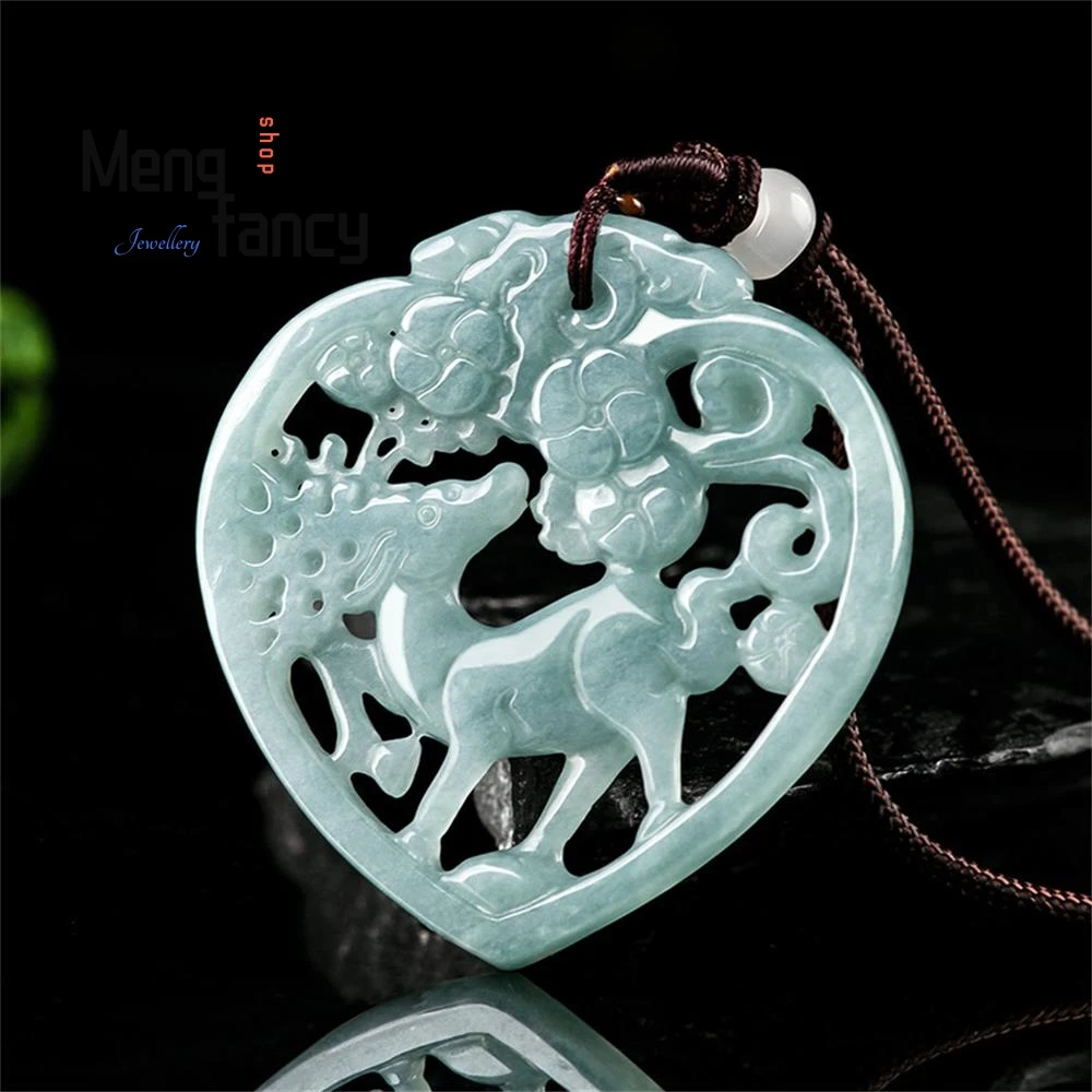 Natural A-goods Jadeite Blue Water a Deer Have You Ethnic Style Couple Jade Pendant Exquisite Mascot Fashion Luxury Fine Jewelry