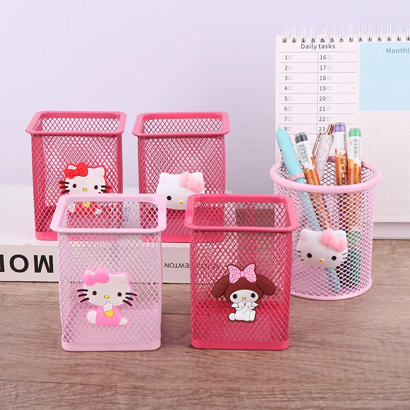 Sanrio Hello Kitty Anime Pen Holder Stationery Brushes Storage Mesh Makeup Brush Pen Case Large Capacity Desktop Pen Holder Box