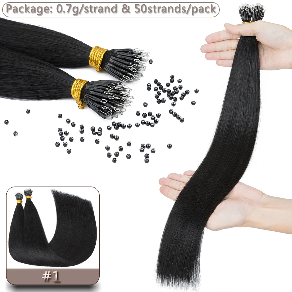 S-noilite Human Hair Micro Links Hair Extensions 0.7g/strand Nano Rings 50pcs Nano Bead Prebonded 18-24inch Straight Blonde Hair image 3