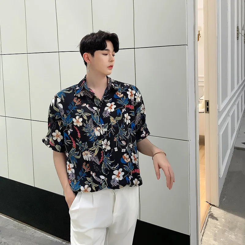 

Summer Men's Short Sleeve Shirt Floral Print Chiffon Thin Style Korean Fashion Square Collar Loose Fit Youth Popular