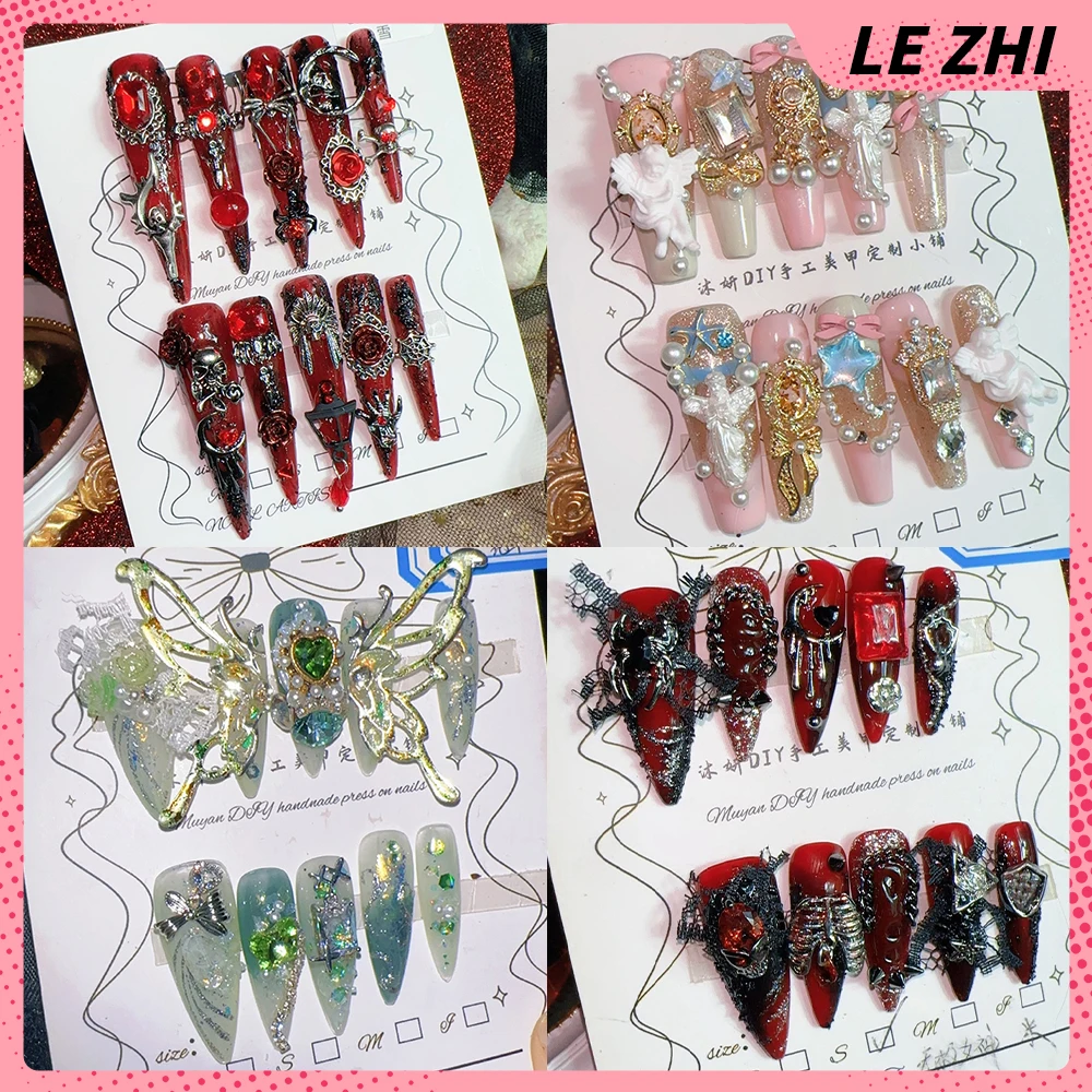 

10Pcs Y2K Spice Girl Handmade Long Coffin Stiletto Full Cover Fake Nail Metal Spider Bowknot Rose Skull Rhinestone Press On Nail