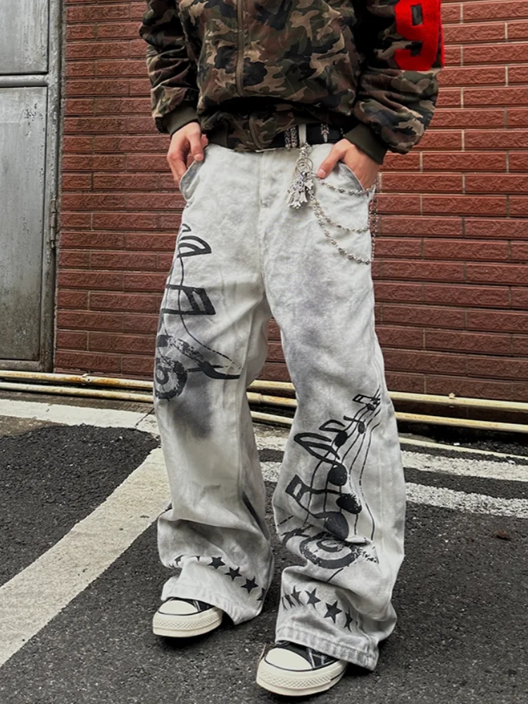 2026 American Retro Y2K Style Dirty Washed White Baggy Jeans Pants For Men Clothing Star Printed Straight Cotton Long Trousers view 4