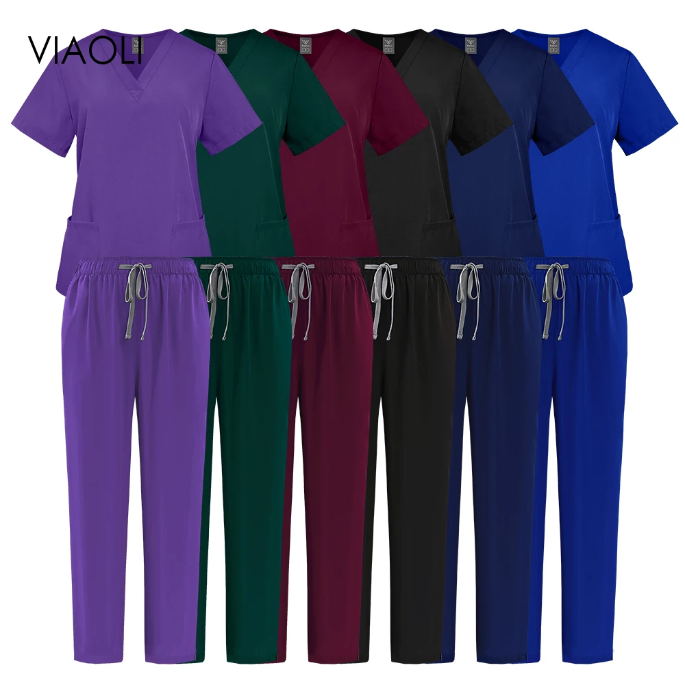 여성 수술복 간호사 치과 스크럽복 의료 간호복 병원 브이넥 상의 의사 치과의사 스트레이트 팬츠 세트