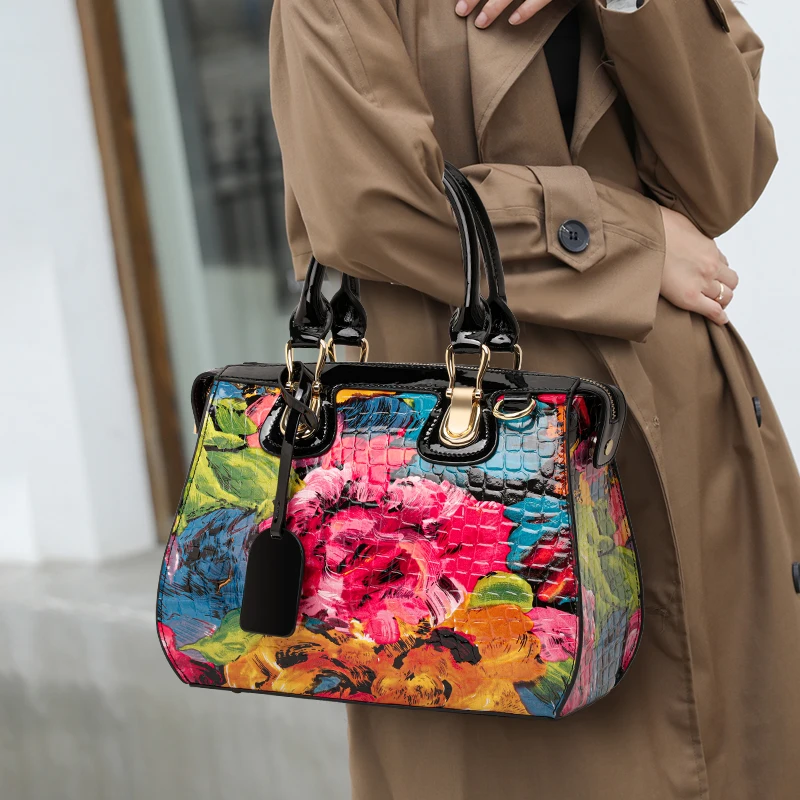 Aidanni Ethnic Style Genuine Leather Printed Handbag for Women, Large Capacity Versatile Shoulder Crossbody Bag, Ladies Bag