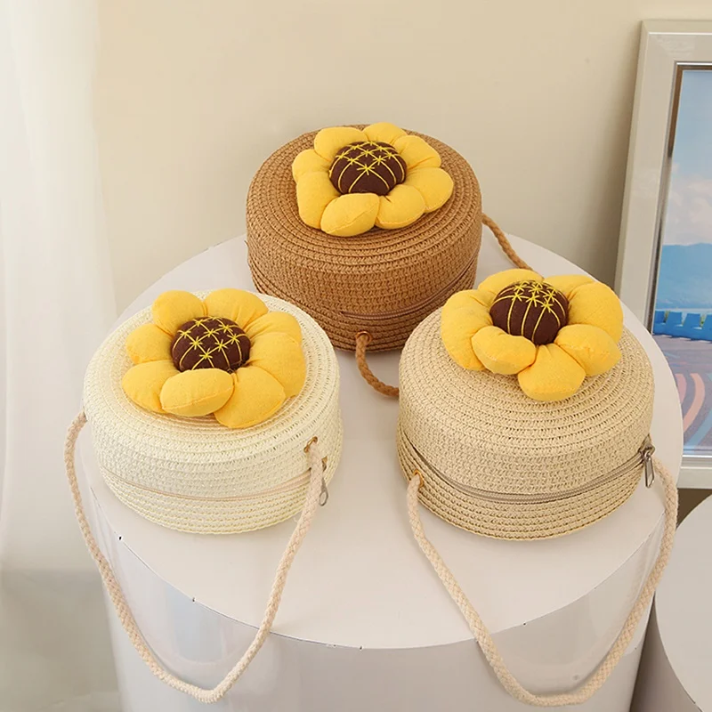 

Детские сумки через плечо для девочек, однотонные Модные Винтажные соломенные плетеные сумки ручной работы с цветочным декором, повседневные уличные сумки через плечо