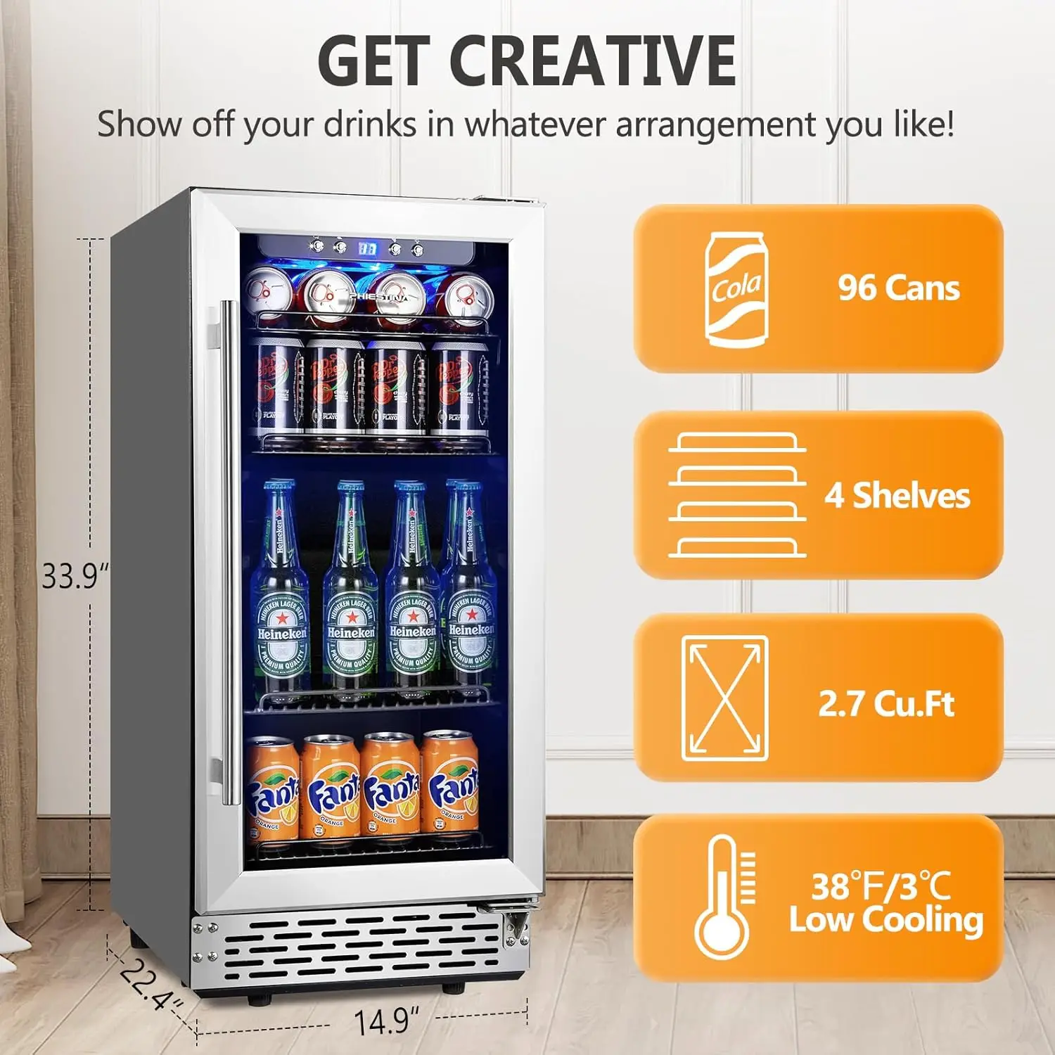 Beverage Refrigerator,15 Inch 96 Cans Beverage Cooler Small Wine Fridge Built-in or Freestanding with Auto Defrost,Glass Door