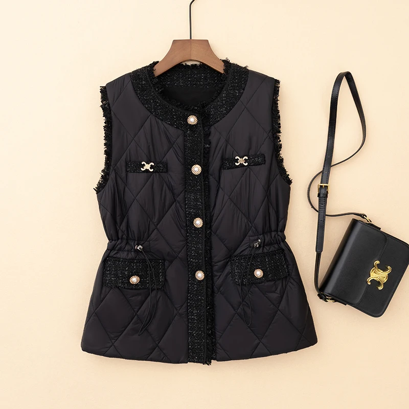 

Ele Patchwork Cotton Vest Women's Autumn Winter New Sle Station oulder Jaet Quali Outerwear Top Commute Thiened