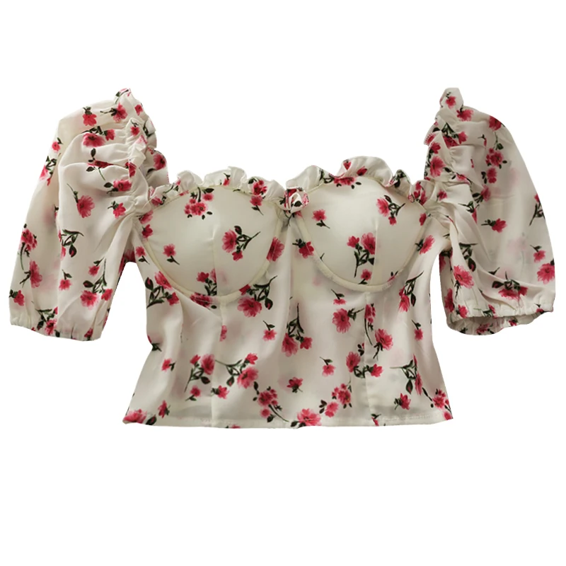 Women Floral Print Chiffon Blouse 2023 New Summer Vintage Agaric Edge  Sexy Short Sleeve Shirt Female Fashion Slim Crop Tops