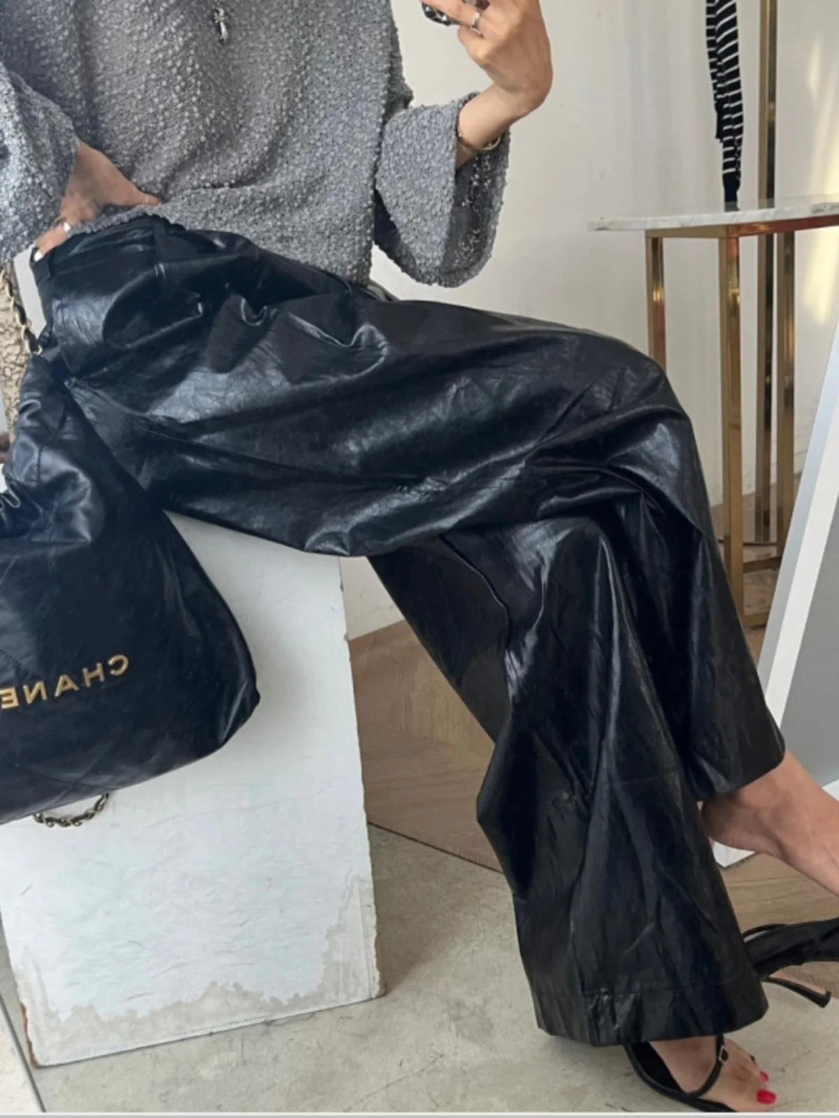 Taille haute en cuir PU pantalons décontractés femmes Vintage bleu plissé ample jambe large coupe droite élégant polyvalent pantalons longs