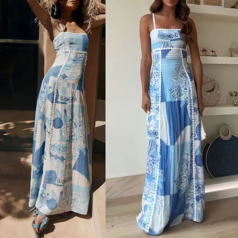 

2025 Summer New Lace Straps Bow Print Casual Dress For Vacation