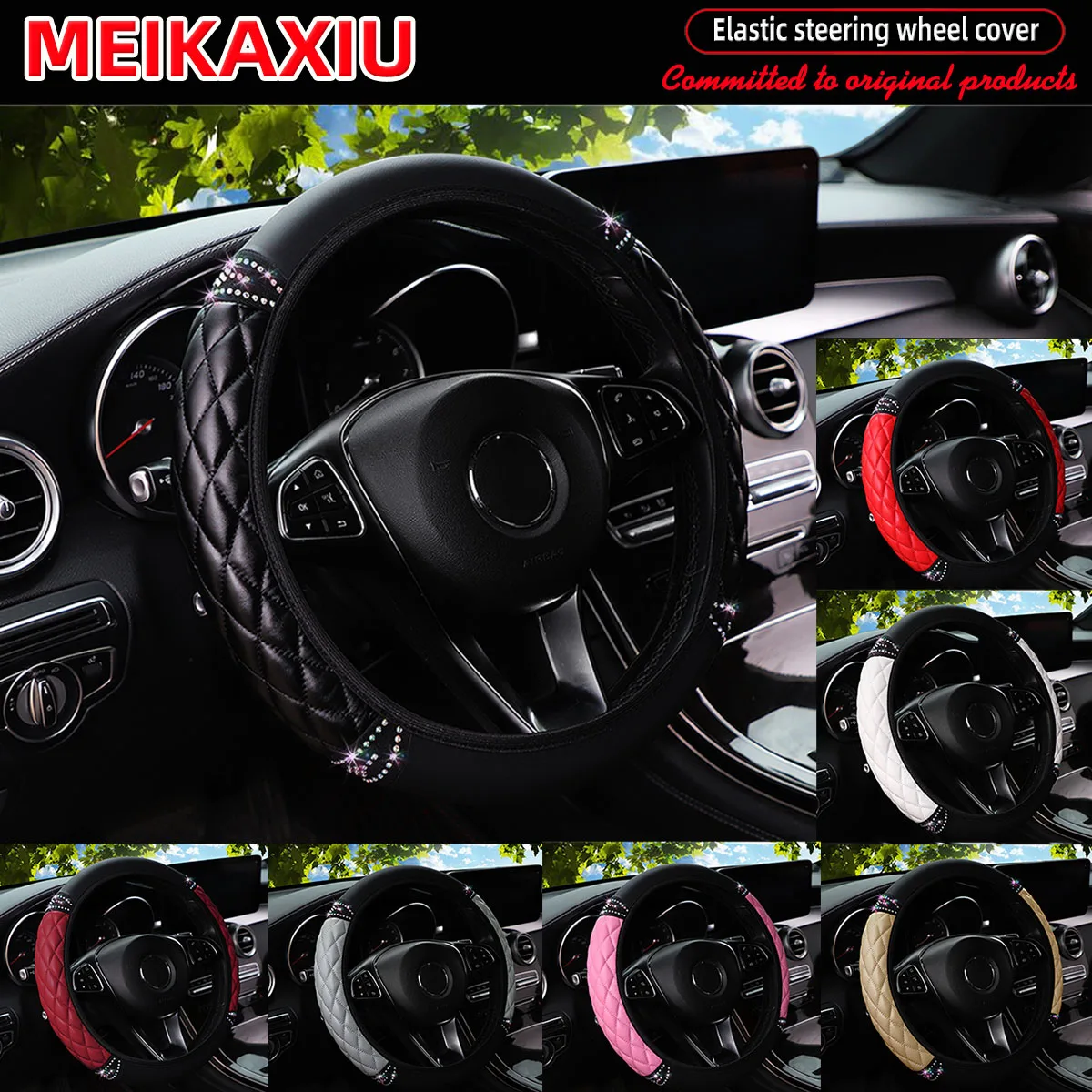 Diamond-Shaped Pattern PU Soft Leather Steering Wheel Cover Sparkling Embroidery Car Accessory