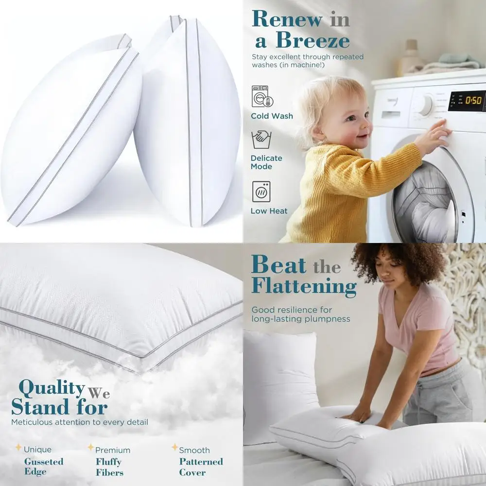 

Набор из 2 подушек размера «Queen», класса люкс, как в отеле, плюшевые подушки с наполнителем, аналогом пуха, для сна на боку, спине или животе, белые