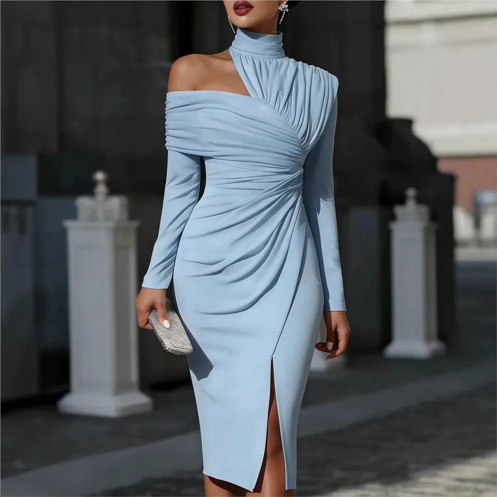 Robe midi moulante asymétrique blanche pour femme, col montant, manches longues, découpes, froncée, fente, coupe ajustée, mode automne