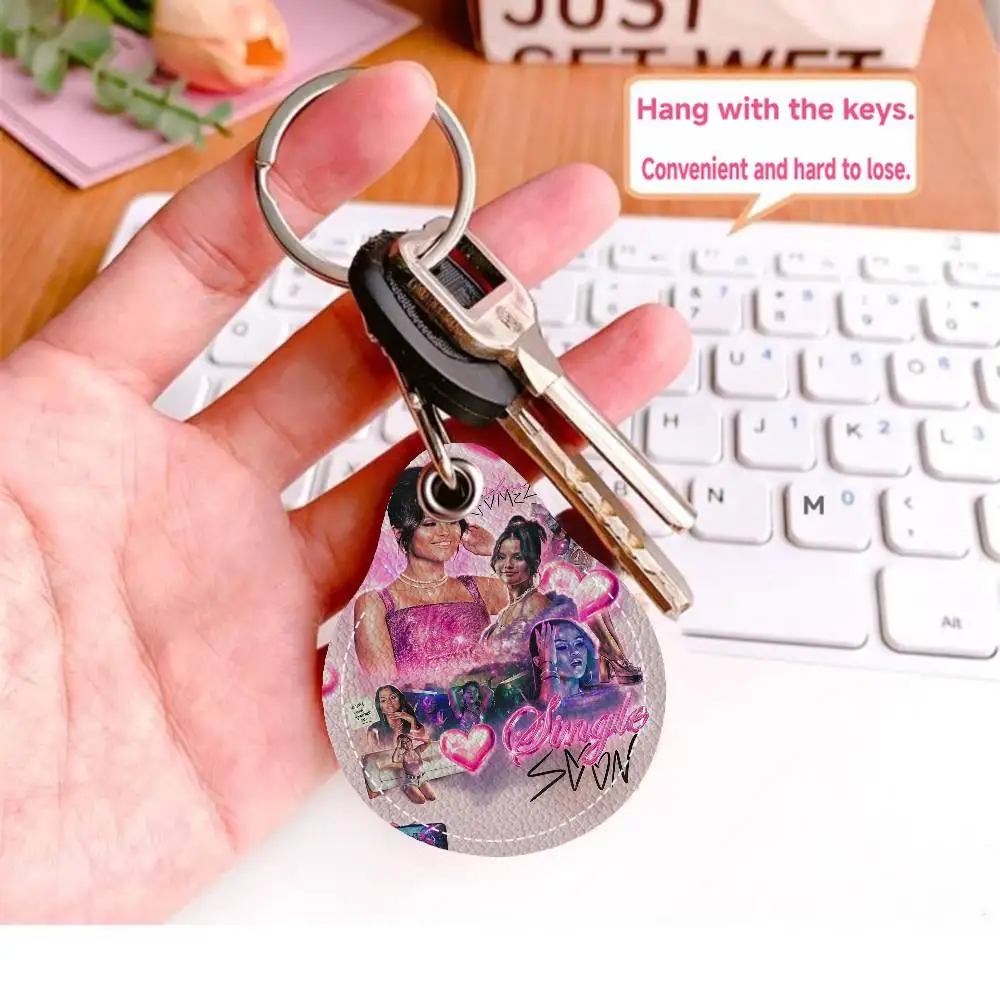 Singer Selena Gomez Actress 1PCS PU Leather Keychain Protective Case Door Lock Access Control Tags Card Bag Key Tag Ring