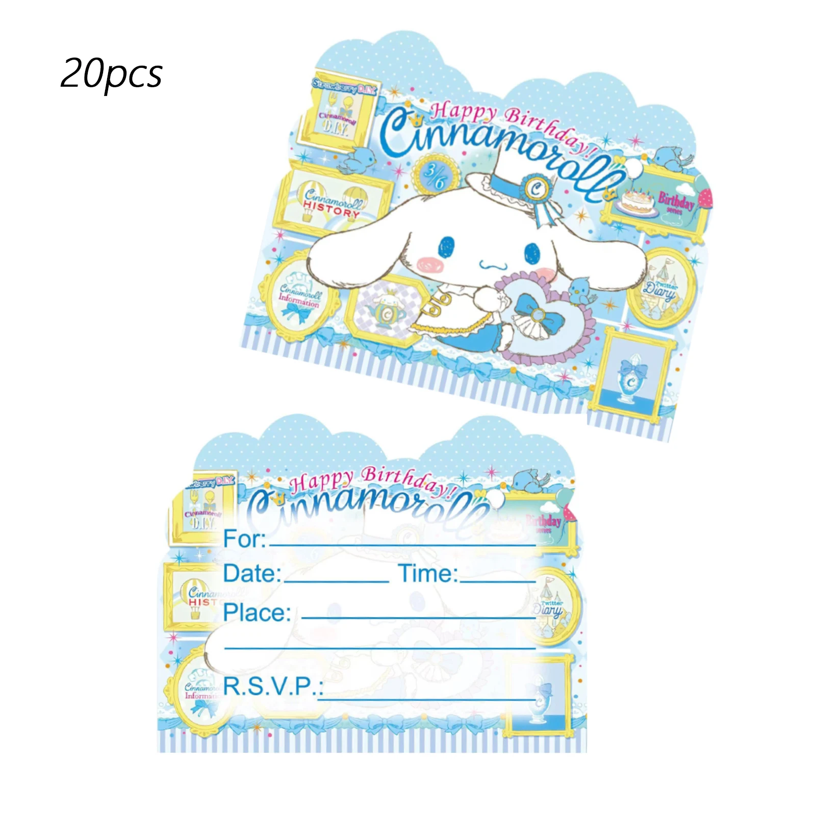 بطاقات دعوة عيد ميلاد سينامورول، زينة حفلات سينامورول، لوازم حفلات سينامورول، دعوة أصدقاء سينامورول كاليفورنيا