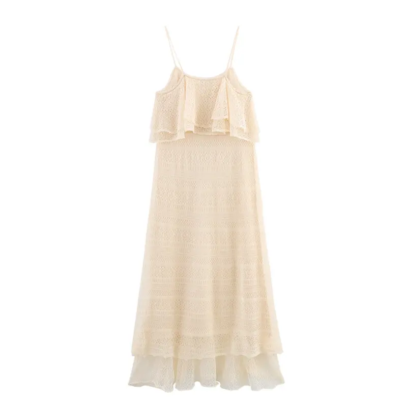 Vestido de Malha F Novo Lançamento de Verão com Camadas Decorativas e Bordado em Tule 2025 E Sem Mangas com Decote