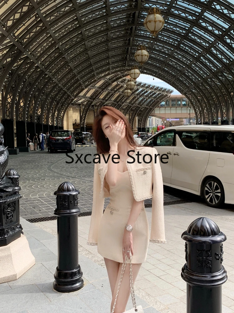 2023 Autumn French Elegant Dress 2 Piece Dress Set Women Casual Vintage Jackets Coat + Y2k Mini Dress Chic Korean Blazers Suits