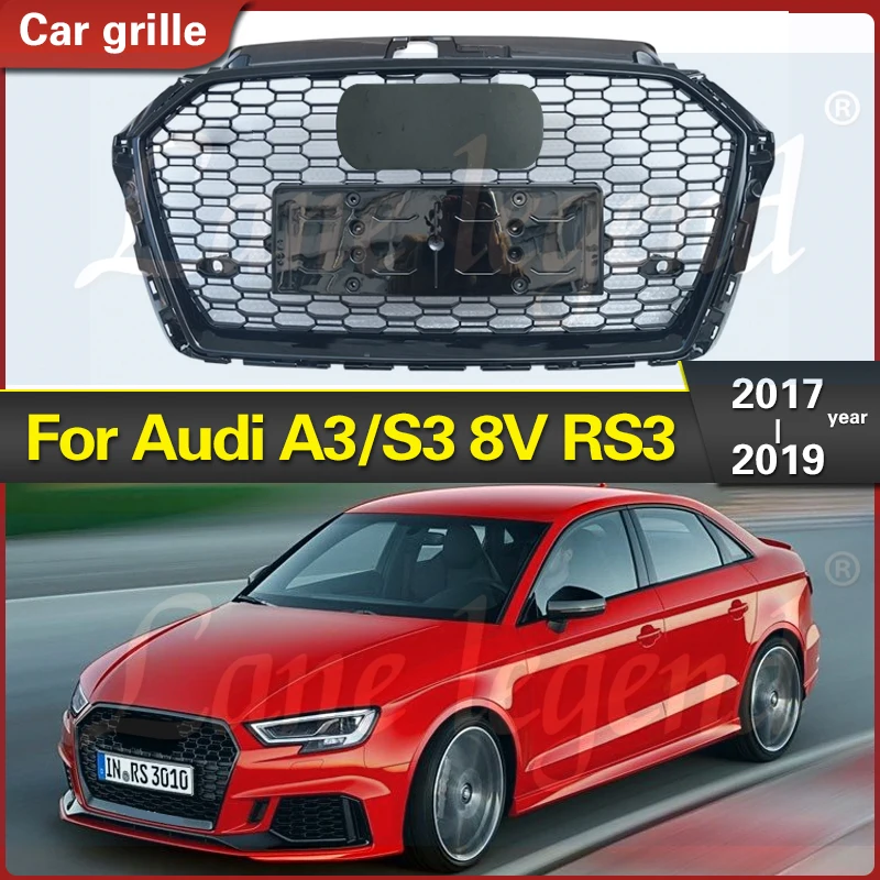 

Refit For RS3 Style Car Front Bumper Air Intake Grille For Audi A3/S3 2017 2018 2019 Glossy Black honeycomb Center Racing Grill