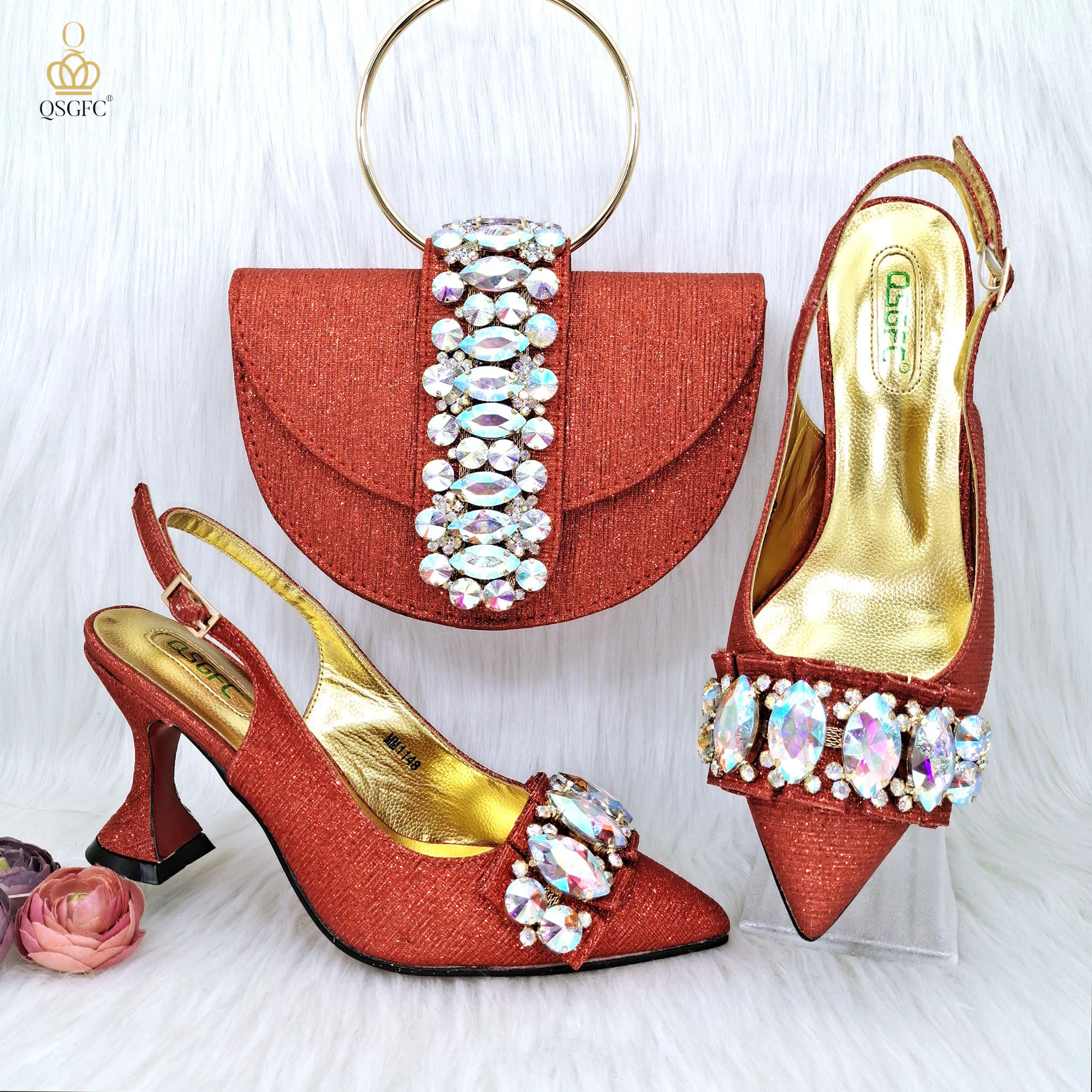 Carol Party African Women's Favorite Rhinestone String Strap Decorate Red Glitter Fabric Pointed Toe Heels And Bag Set