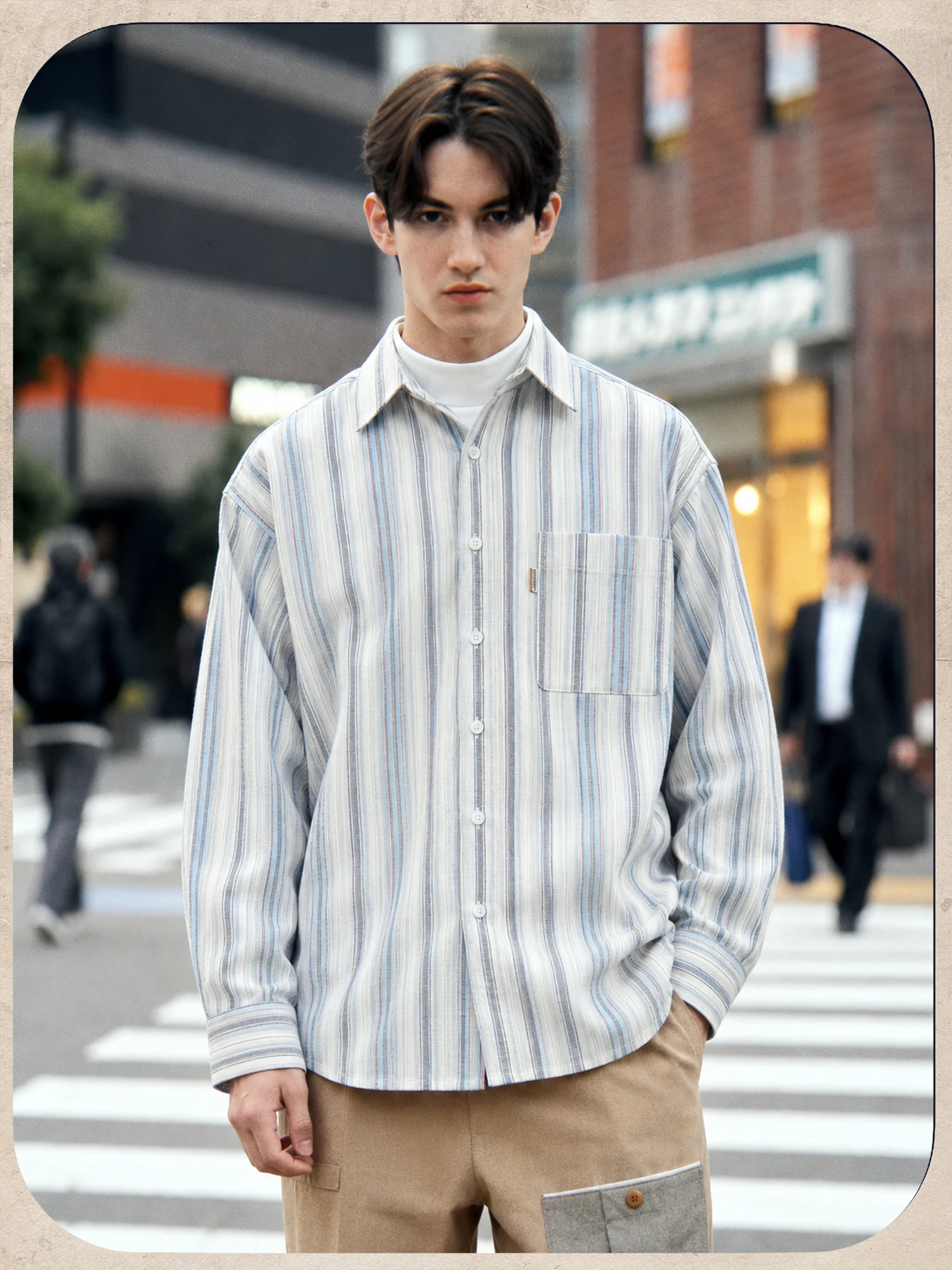 CityDive Glacier Ochre Striped Shirt Vintage Style Long Sleeve Breathable Cotton Blend Men's Casual Shirt Comfortable Fit
