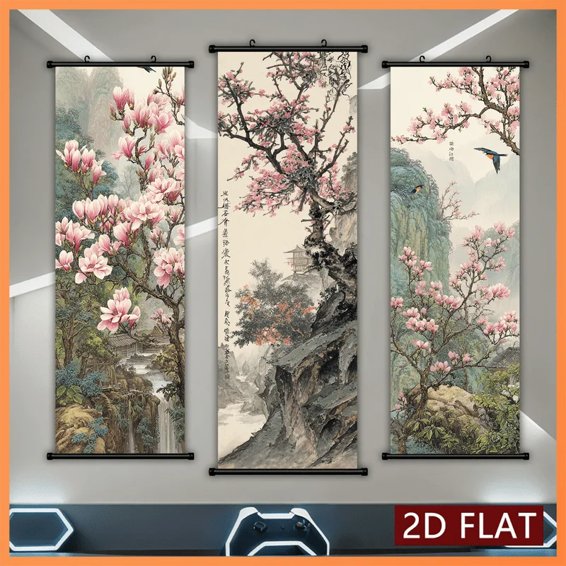 VIKAMA Chinese Magnolia Blossom Landscape 3 Piece Wall Scroll Tapestry Set Oriental Wall Art Decor for Living Room Bedroom Gift
