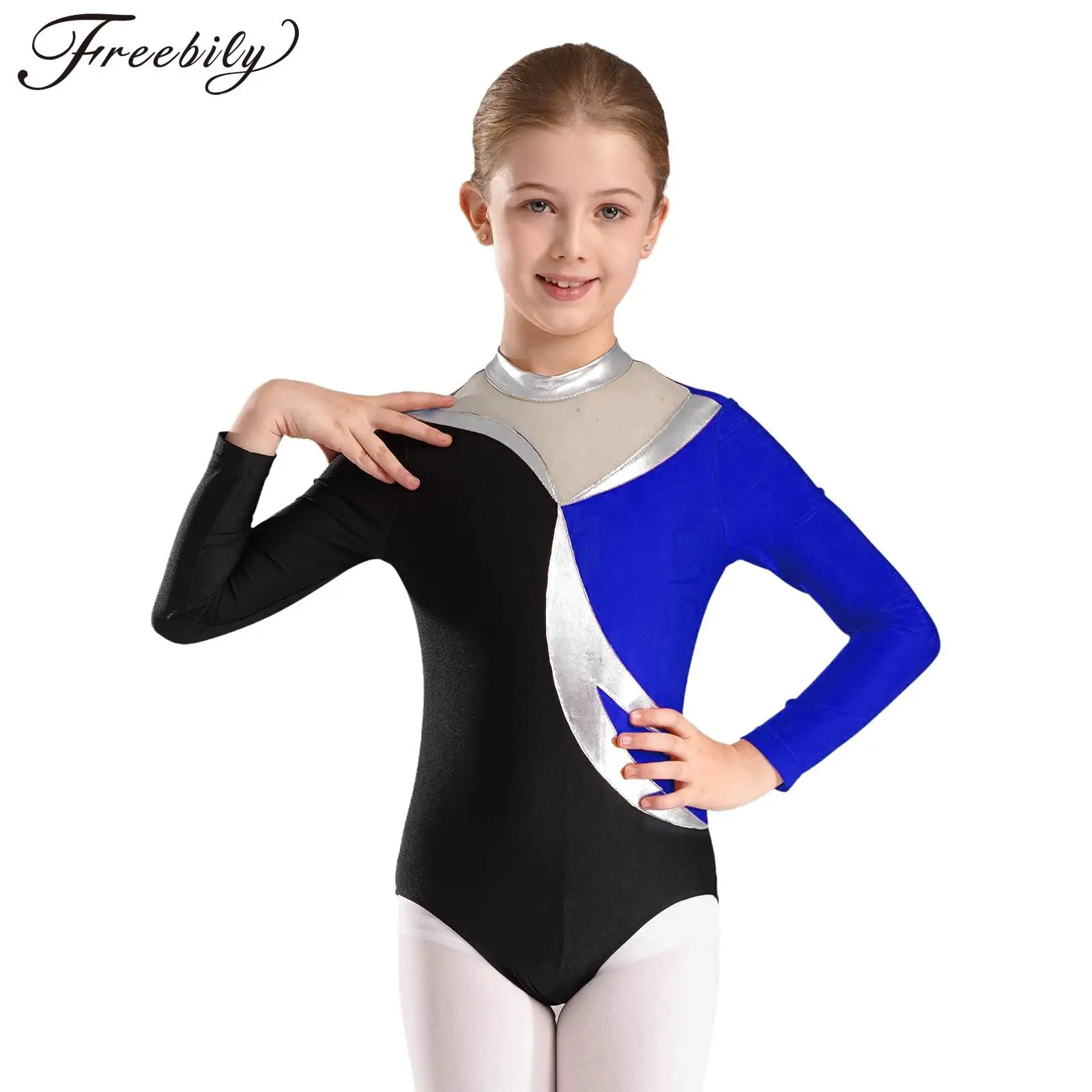 

Kids Girls Ballet Dance Gymnastics Leotard Figure Skating Acrobatic Yoga Performance Costume Long Sleeve Mesh Patchwork Bodysuit