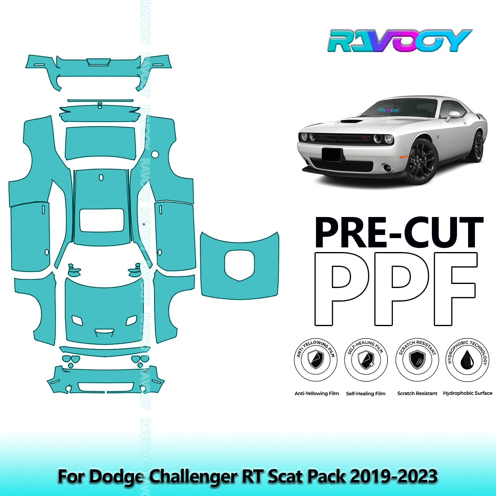RAVOOY Custom-Fit Precut TPU PPF Full Vehicle Clear Bra Stone Guard EU UK For Dodge Challenger RT Scat Pack 2019-2023