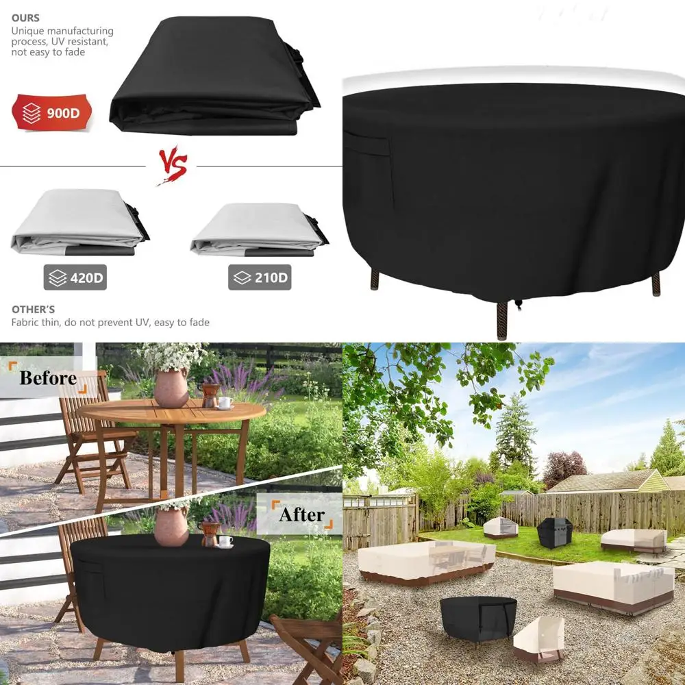 Прочный круглый чехол для патио 84, водонепроницаемый чехол для обеденного стола на открытом воздухе, защита от ультрафиолета, черный