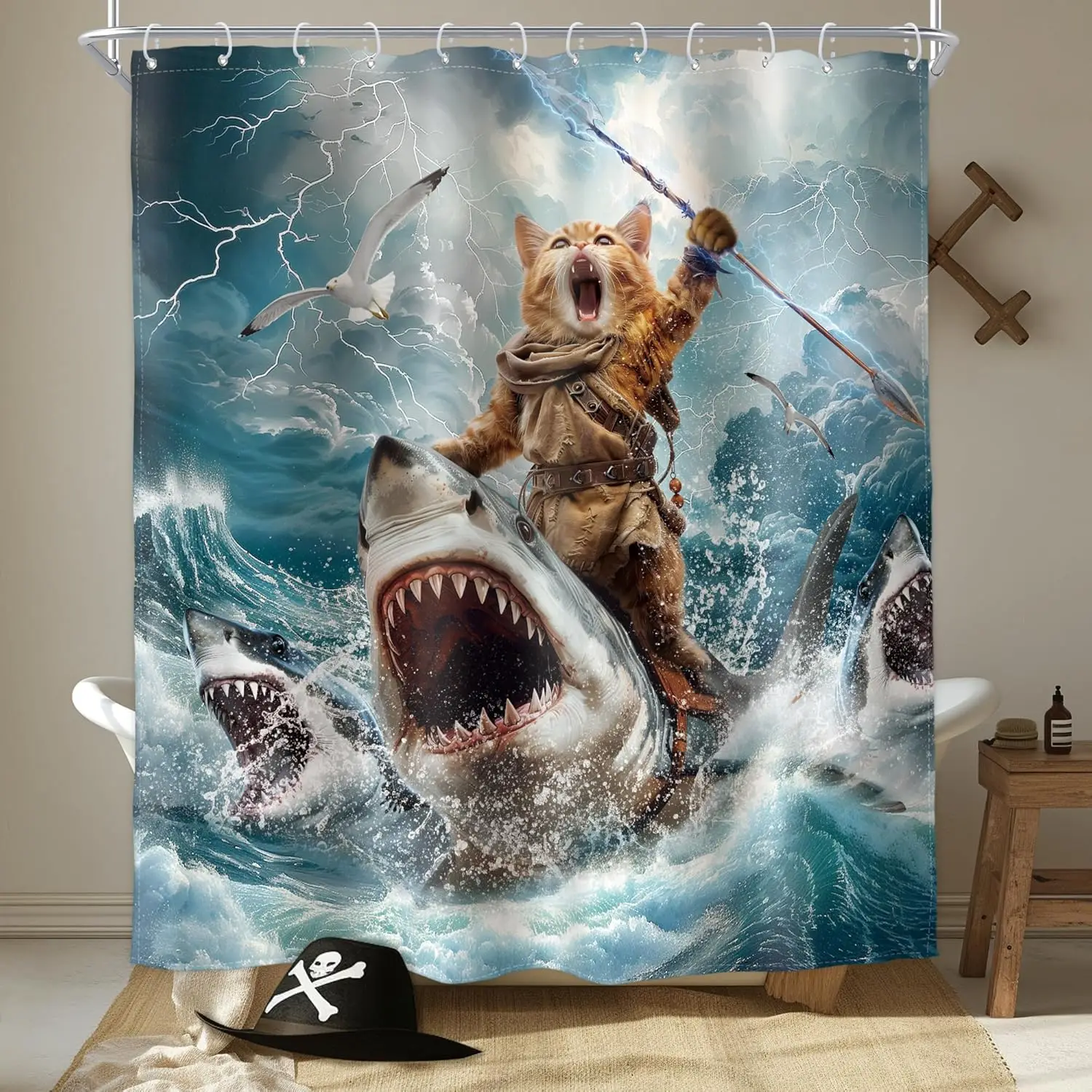 

Cat Riding Shark Shower Curtain Epic Ocean Battle Scene Bathroom Decor Funny Animal Bath Curtain for Home Decoration