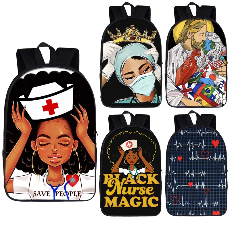 Black Nurse with Crown Backpack for Teenager Girls Children School Bags Afro Women Canvas Travel Bag Student Bagpack Kid Bookbag