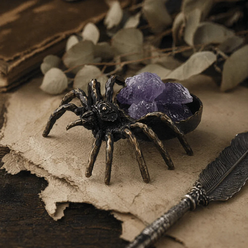Vintage Spider Shaped Jewelry Tray Gothic Exquisite Crystal Ball Stand Decoration Alloy Candle Holder Aroma Holder Tray