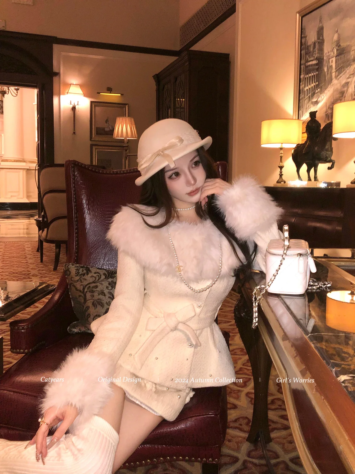 Fur Collar Shawl Wool Coats 3d Flower A Line Skirt Two Piece Sets Pearl Lace Up White Elegant Ladies Outfit Birthday Evening