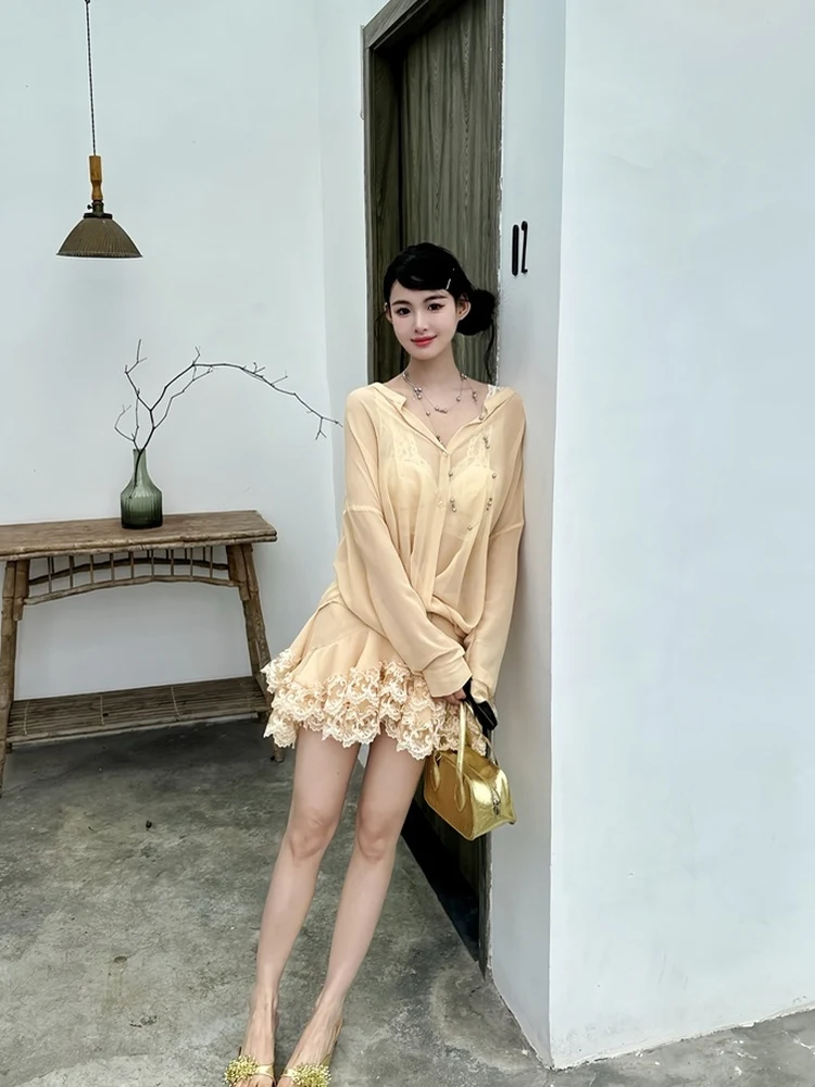 

Loose Lace irt And ort Skirt Set Ele Draped Design Owner's Personal Selection Women's Faion Summer Outfit Polyester...