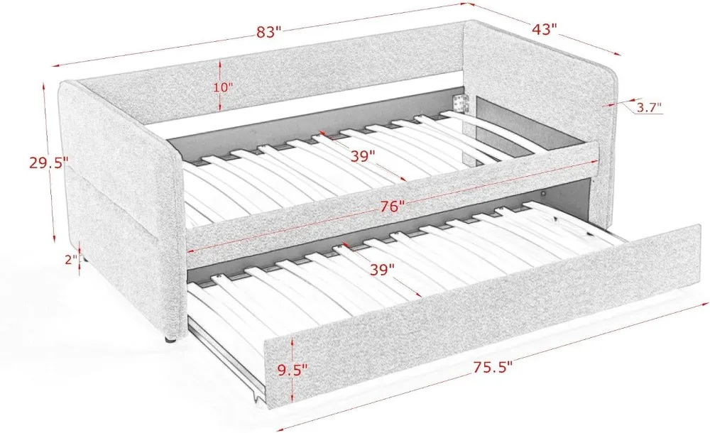 Upholstered Daybed with Pop Up Trundle, Twin to King Daybed with Trundle, Modern Extendable Day Bed Frame for Kids Teens