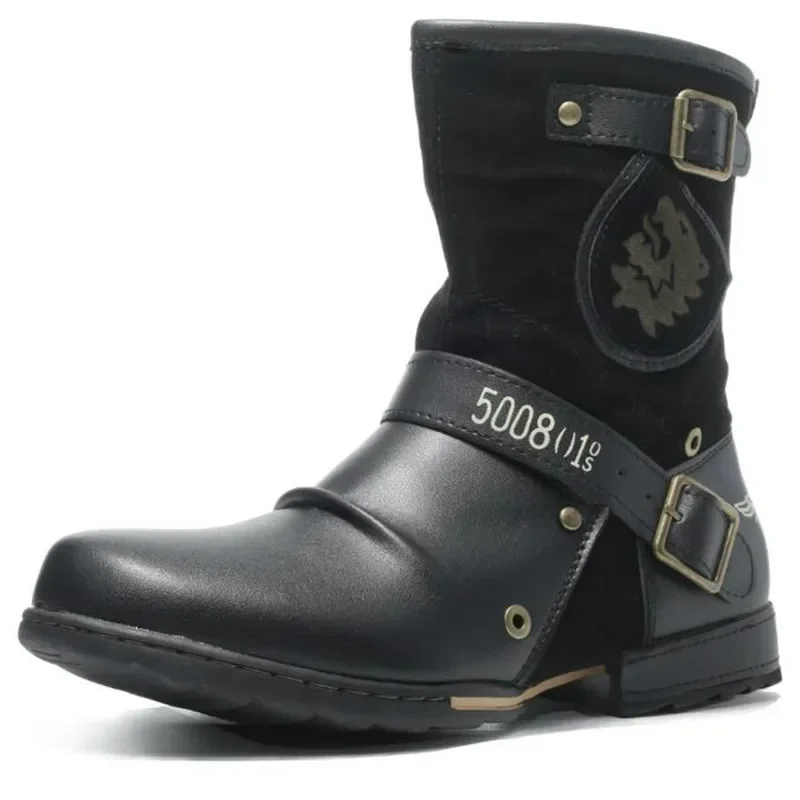 

Мужские ботильоны в стиле панк, готики, ковбойская мотоциклетная обувь в стиле ретро, ботинки в стиле вестерн на массивном каблуке с круглым носком, большие размеры, Chaussure Militaire Homme