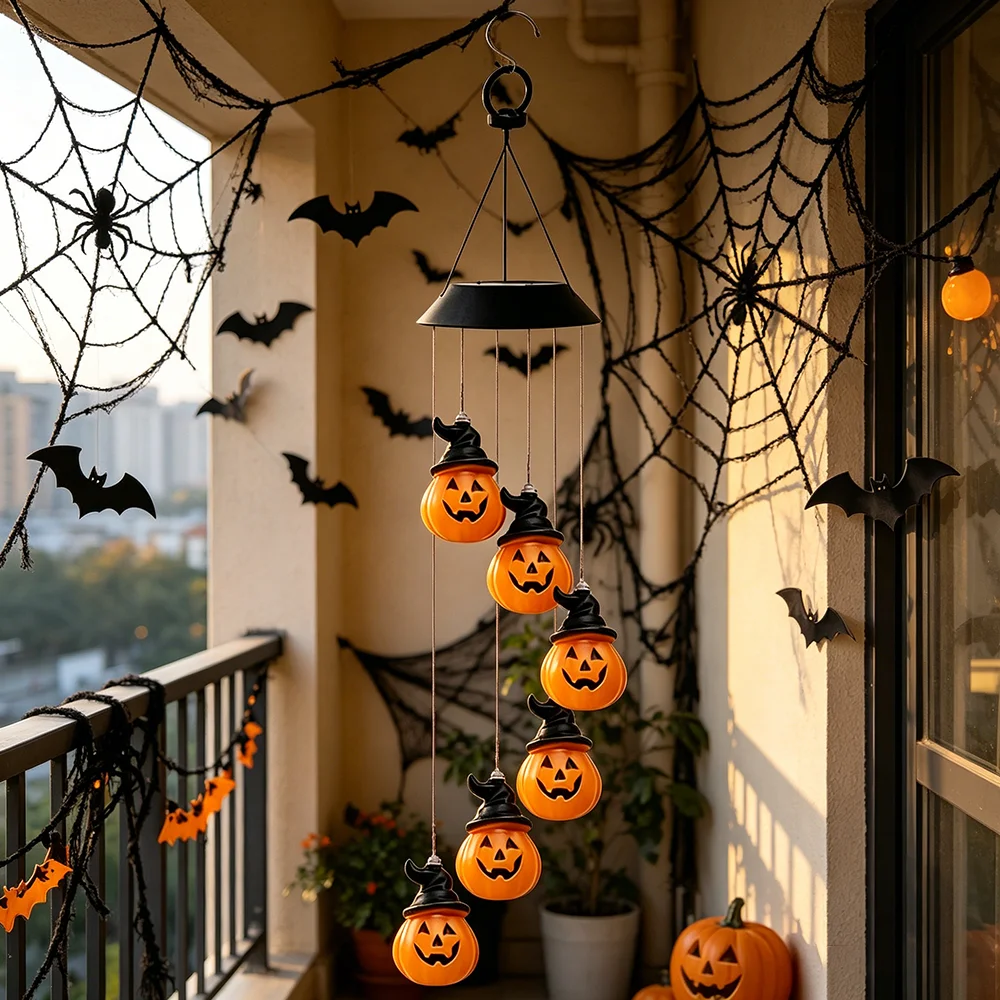 Solar Pumpkin Wind Chime Lights, Garden Courtyard Outdoor Terrace Porch Halloween Haunted House Party Decor Atmosphere Lights