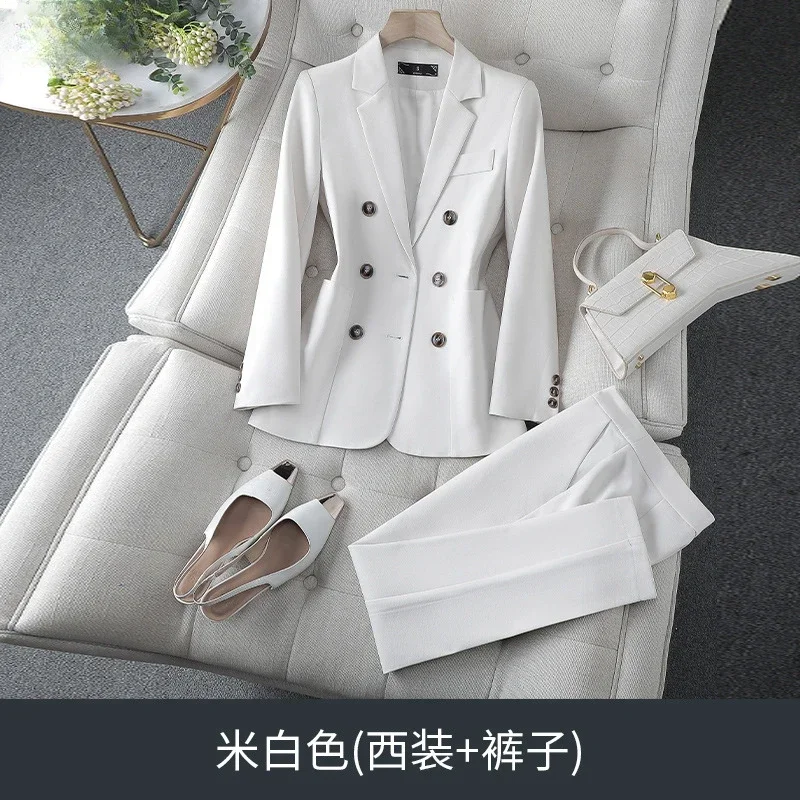 White Suits For Women Korean Fashion Office Ladies Long Sleeve Double Breasted Tops Chic Slim High Waisted Pants Sets Y2k
