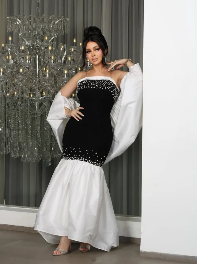 Robe de soirée longue de forme sirène, noire et blanche, avec enveloppe, sans bretelles, froncée, cristal, robe de Gala, Pastrol Unis, sur mesure