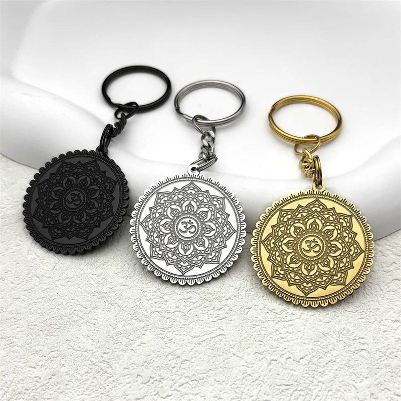 Buddhism Mandala Lotus Flower Yoga Pendant OM Key Chain Women Men Stainless Steel Religious Geometry Meditation Amulet Jewelry
