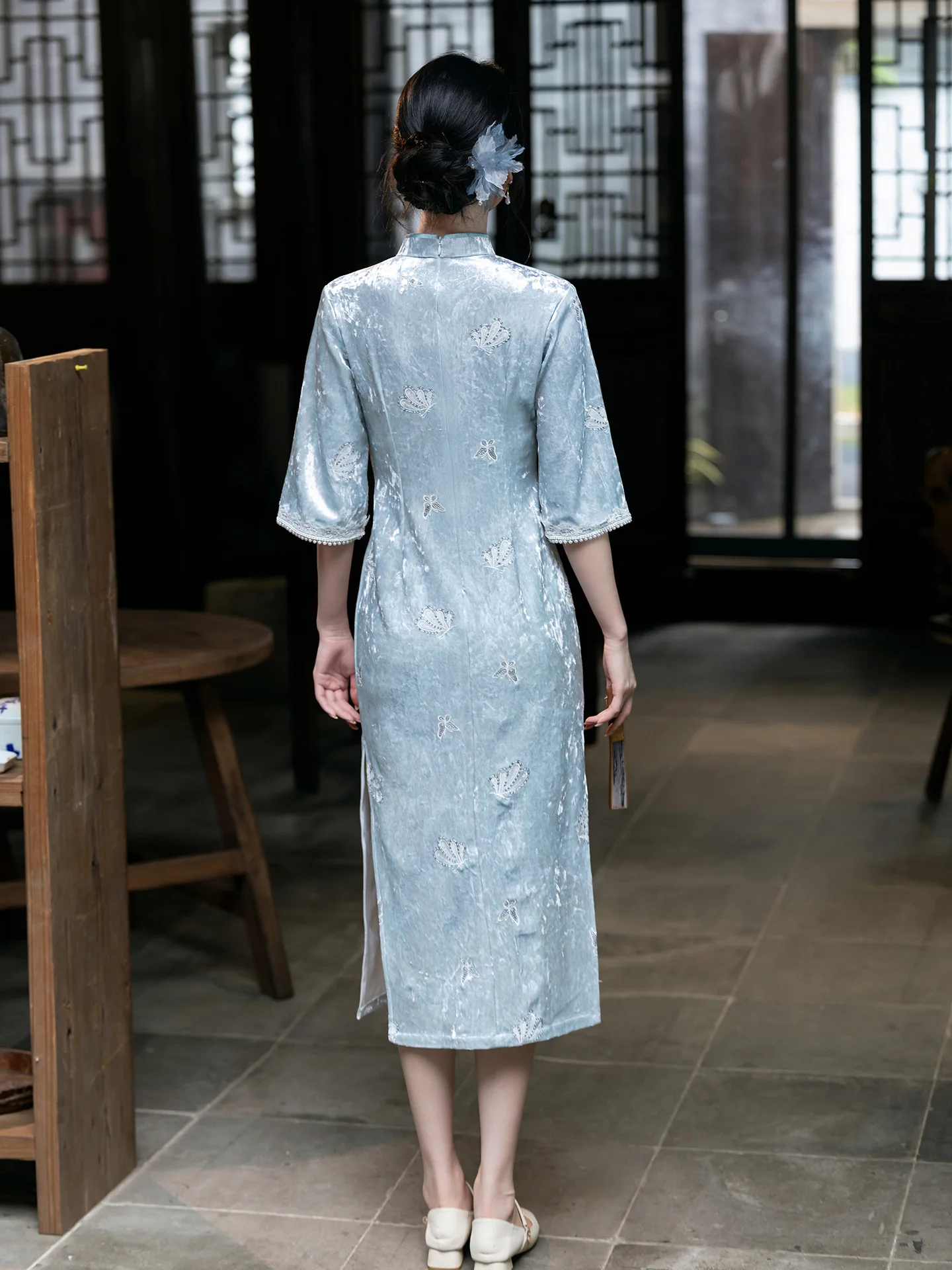 Autumn Daily Slimming Chinese Style Three-quarter Sleeve Cheongsam Temperament Long Style Women Velour Qipao Dress