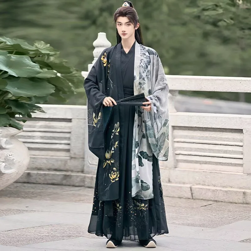 Men's Asymmetric Hanfu Robe Black White Lotus Printed Chinese Ancient Swordsman Costume For Cosplay & Photoshoot