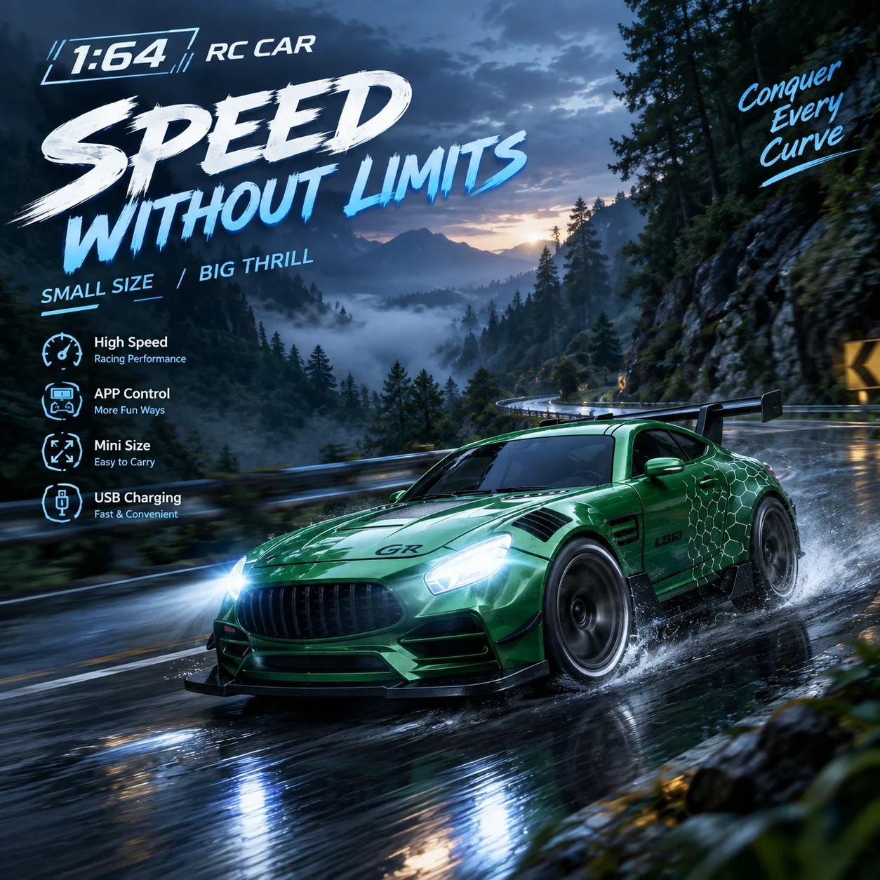 1/64 RC Drift Car, Full Proportional 4WD Racing Model with 2.4G Control & LED Lights, High-Speed Desktop Gift for Boys