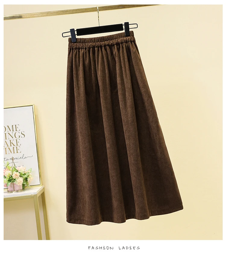 Corduroy Midi Skirts Loose Oversized Women Skirts 2023 Autumn Winter Thick Lady Skirt  A-Line Elastic Waist Female Skirt KE1739