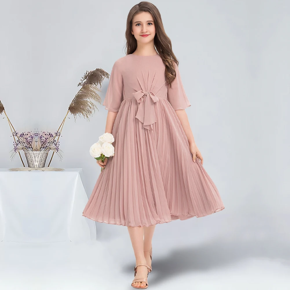 A-line Scoop Knee-Length Chiffon Junior Bridesmaid Dress With Bow Pleated Rose Flower Girl Dress for Wedding Communion Dress