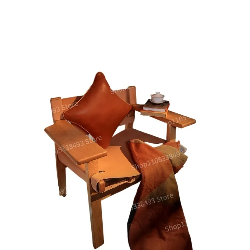 Massivholz-Rückenlehnenstuhl, Designerstuhl aus echtem Rindsleder, nordischer Retro-Loungesessel für den Homestay-Bereich