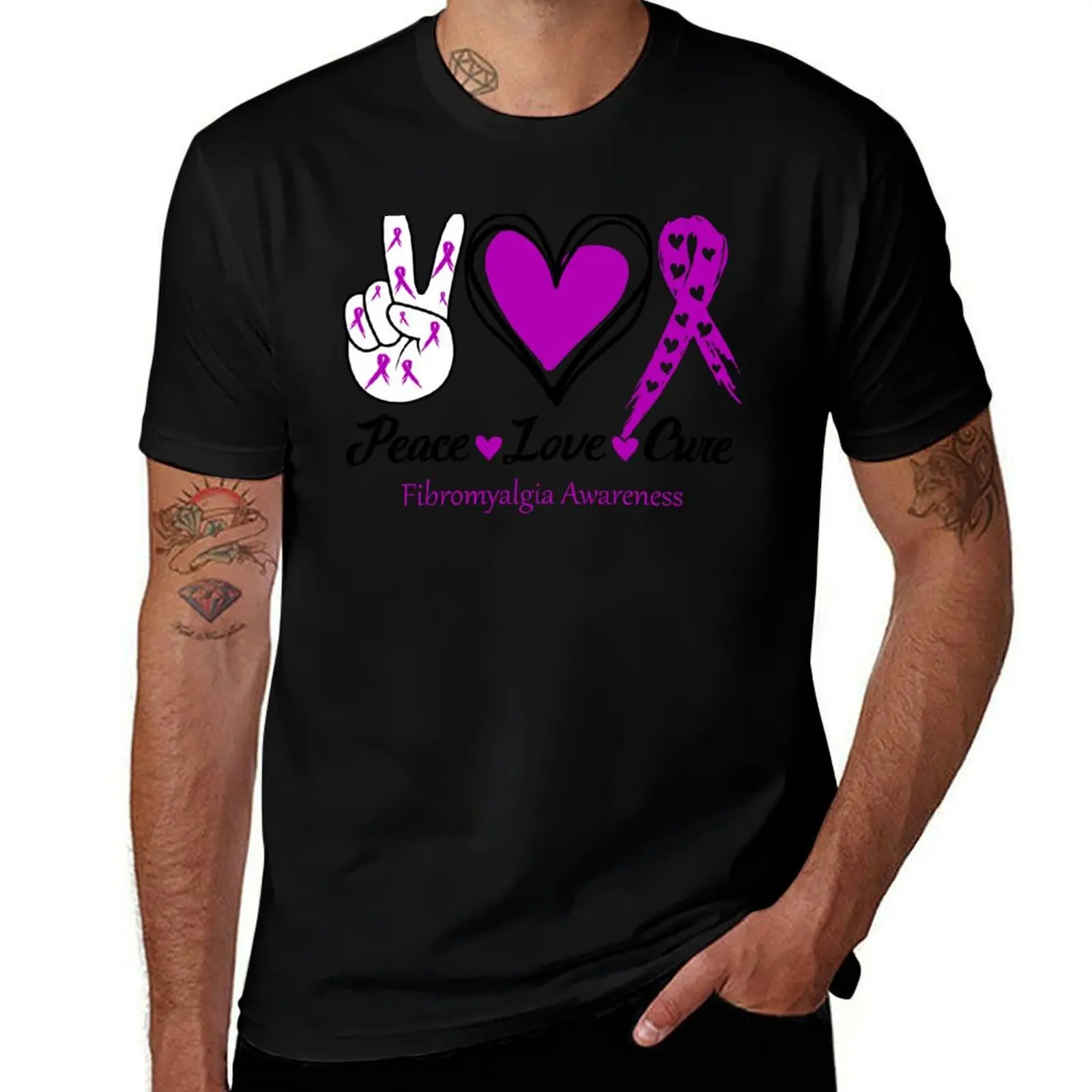 

Peace Love Cure Fibromyalgia Awareness T-Shirt blanks graphic shirts valentines boutique clothes mens plain t shirts